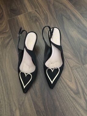 kate spade Black Pointed Slingback Flats with Gold Heart Accent
